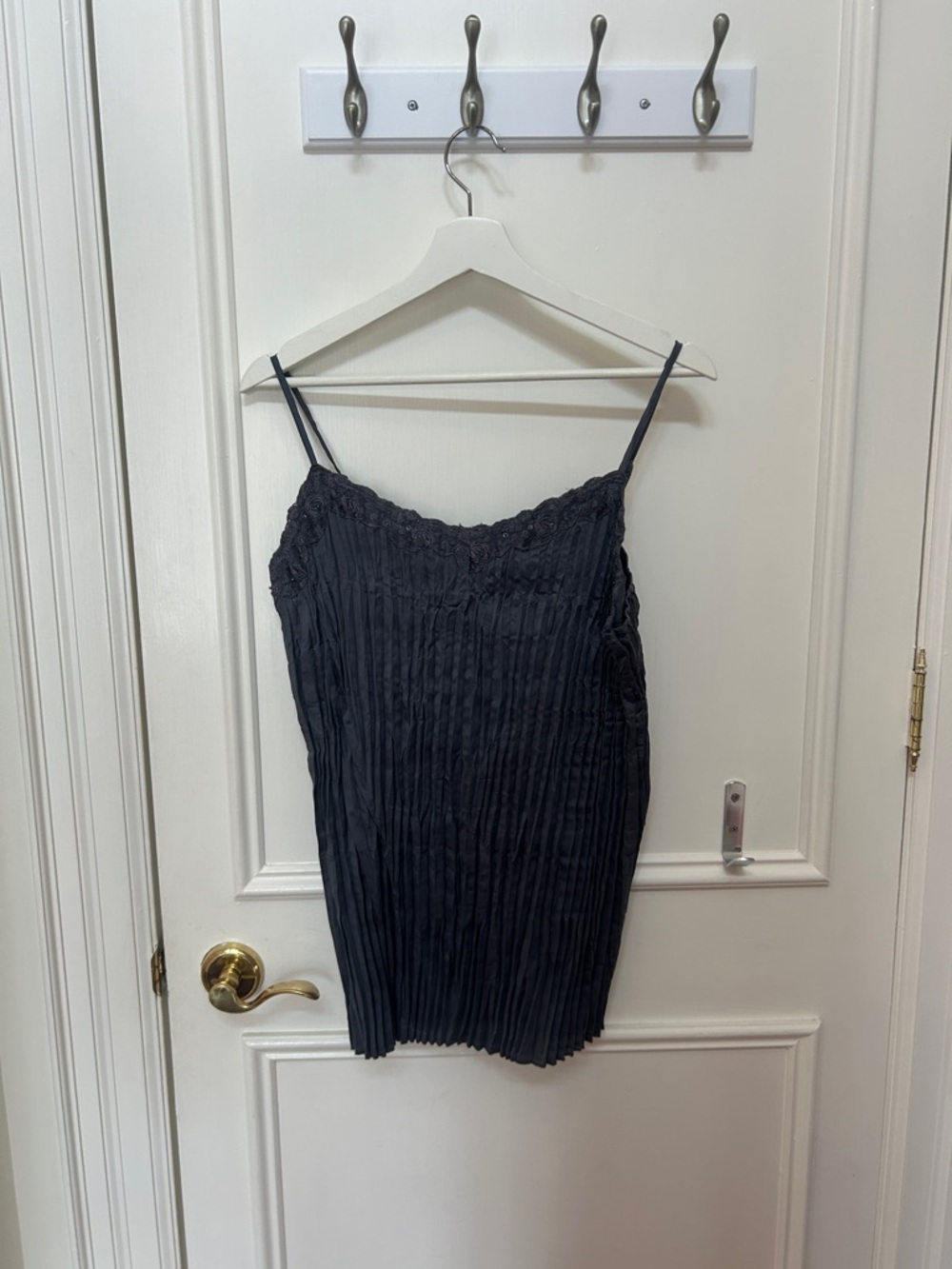 Grey/Navy Pleated Lace Trim Spaghetti Strap Tank